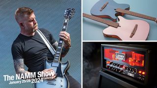 Composite image of Bill Kelliher, Ibanez acoustic guitars and Laney guitar amps