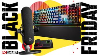 PCGamer's Black Friday image template with a SteelSeries Alias Pro mic kit and Apex Pro Gen 3 keyboard at the centre.