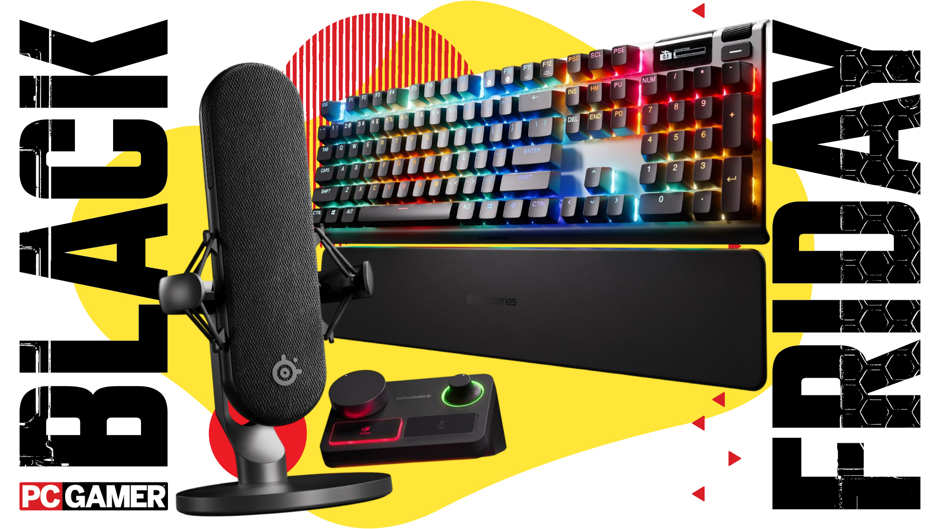 PCGamer&#039;s Black Friday image template with a SteelSeries Alias Pro mic kit and Apex Pro Gen 3 keyboard at the centre.