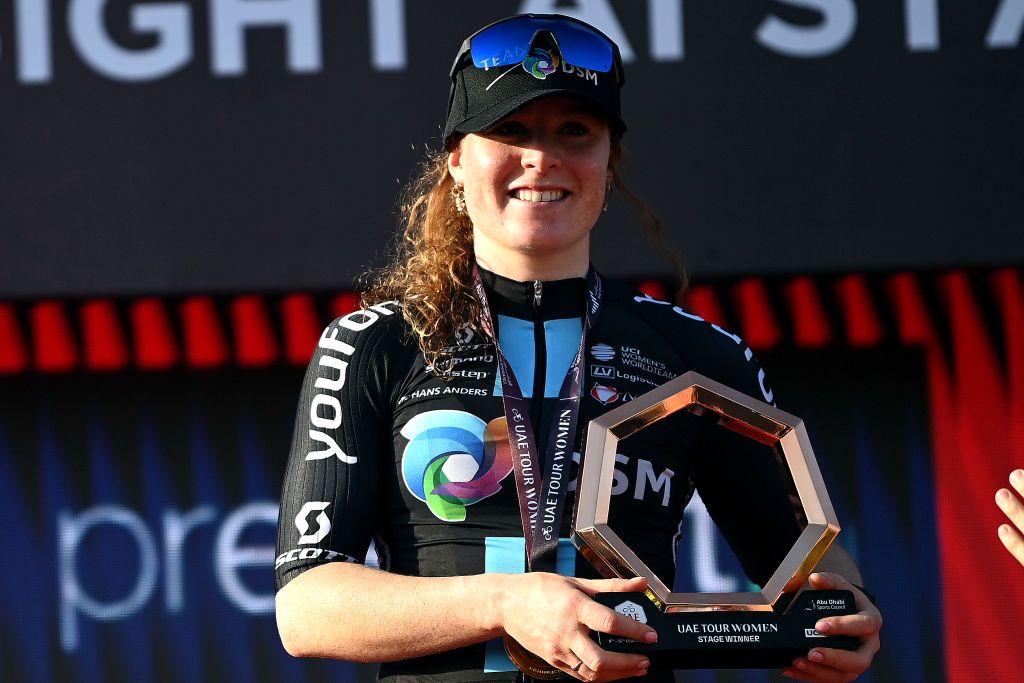 ABU DHABI UNITED ARAB EMIRATES FEBRUARY 12 Charlotte Kool of The Netherlands and Team DSM celebrates at podium as stage winner during the 1st UAE Tour Women 2023 Stage 4 a 119km stage from Fatima Bint Mubarak Ladies Sports Academy to Abu Dhabi Breakwater UAETourWomen UCIWWT on February 12 2023 in Abu Dhabi United Arab Emirates Photo by Tim de WaeleGetty Images