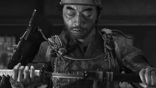 Jin Sakai from Ghost of Tsushima looking down at his katana