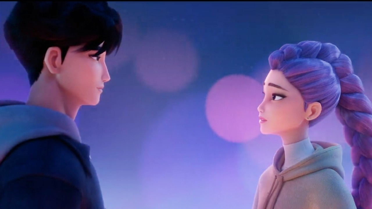 Rumi and Jinu looking at each other in KPop Demon Hunters.
