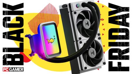 The Hyte Q60 liquid cooler on a yellow background with the words Black Friday on the side.