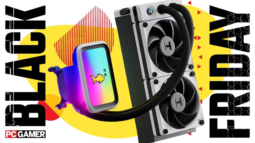 The Hyte Q60 liquid cooler on a yellow background with the words Black Friday on the side.