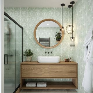 bathroom with printed walls and plant in white pot