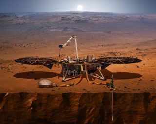 An artist's illustration of NASA's InSight Mars lander on the Red Planet.