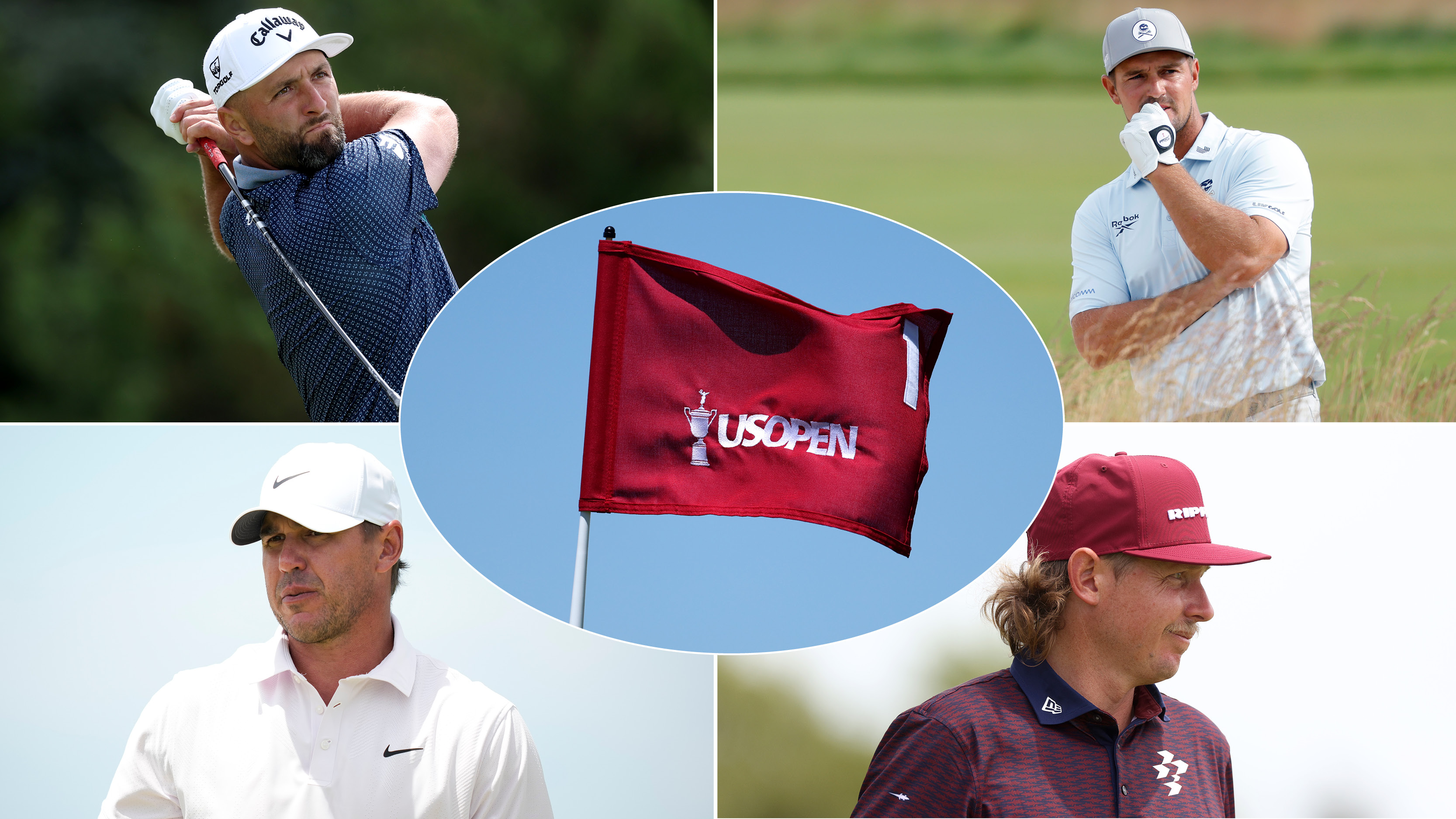Jon Rahm, Bryson DeChambeau, Brooks Koepka and Cameron Smith wih a red US Open flag centered