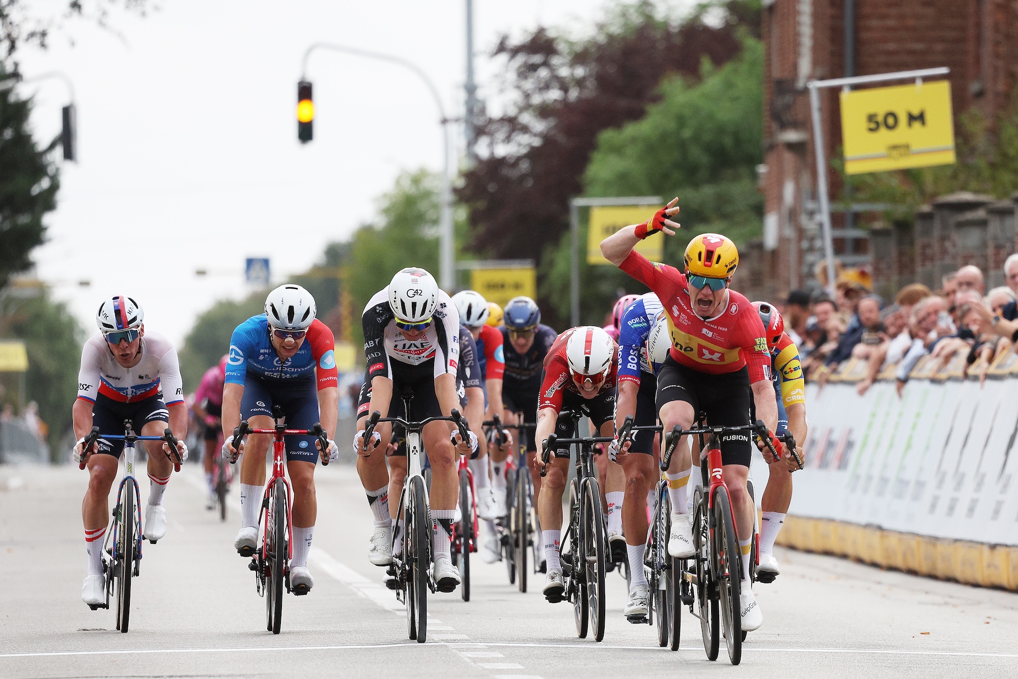 BRAKEL, BELGIUM - SEPTEMBER 19: Henrik Pedersen of Denmark and Team Uno-X Mobility celebrates at finish line as race winner ahead of Laurence Pithie of New Zealand and Team Red Bull - BORA - hansgrohe, Florian Vermeersch of Belgium and UAE Team Emirates - XRG, Jenno Berckmoes of Belgium and Team Lotto Intermarche and Tim Torn Teutenberg of Germany and Team Lidl - Trek during the 16th Flandrien 0.0 Classic 2026 a 199.4km one day race from Brakel to Haacht on September 19, 2026 in Brakel, Belgium. (Photo by Rhode Van Elsen/Getty Images)