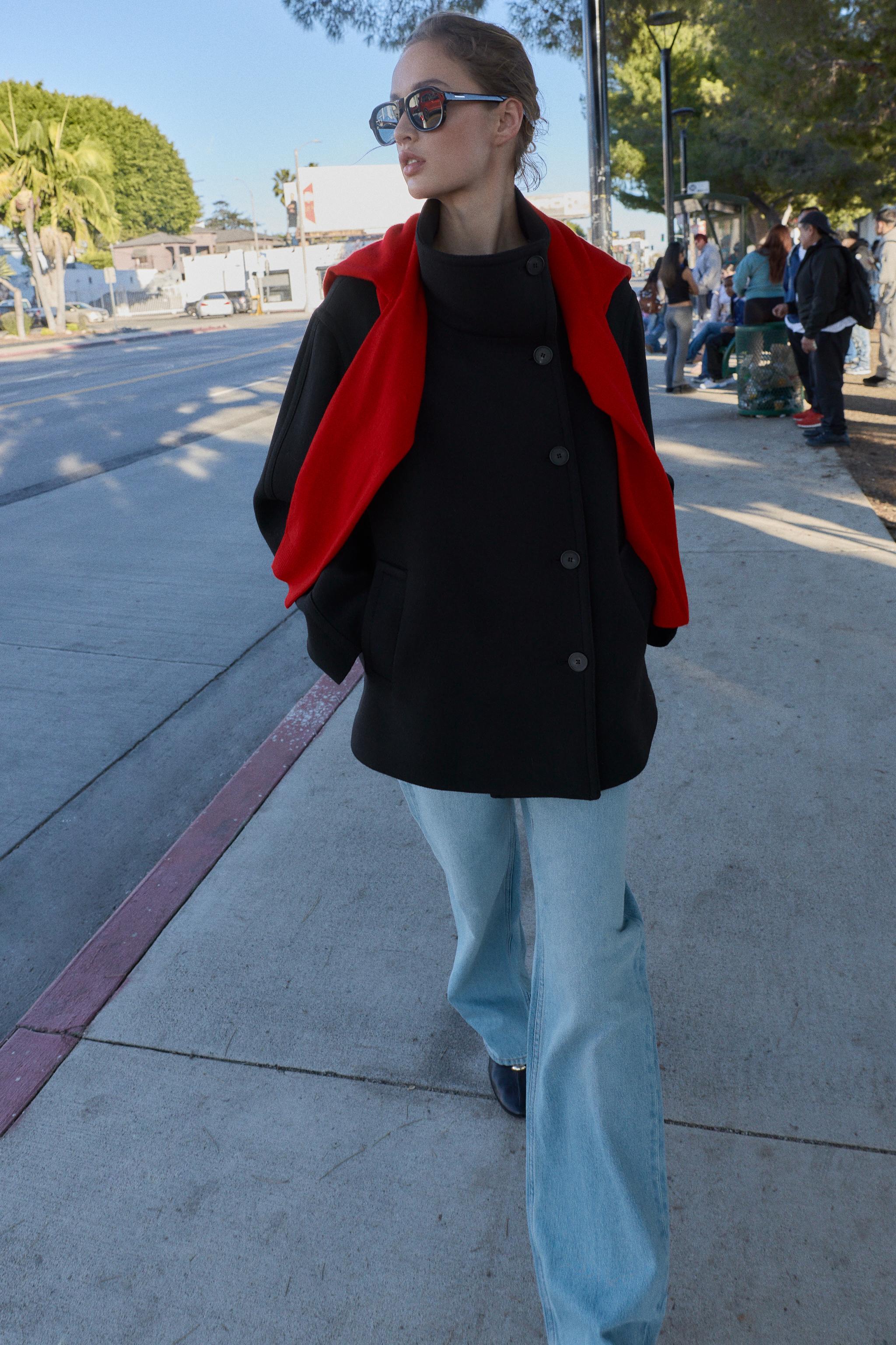 Short Wool Blend Coat With High Neck