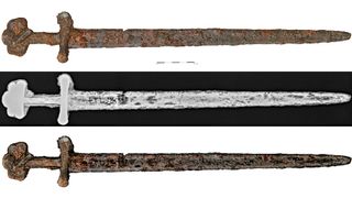 Images and x-ray images of a sword.