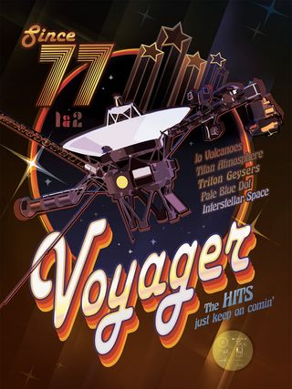 a groovy poster shows a space probe with large white satellite dish mounted on a metal frame body with various length instruments jut out. surrounding colors are gold and orange, with a dark hombre background.