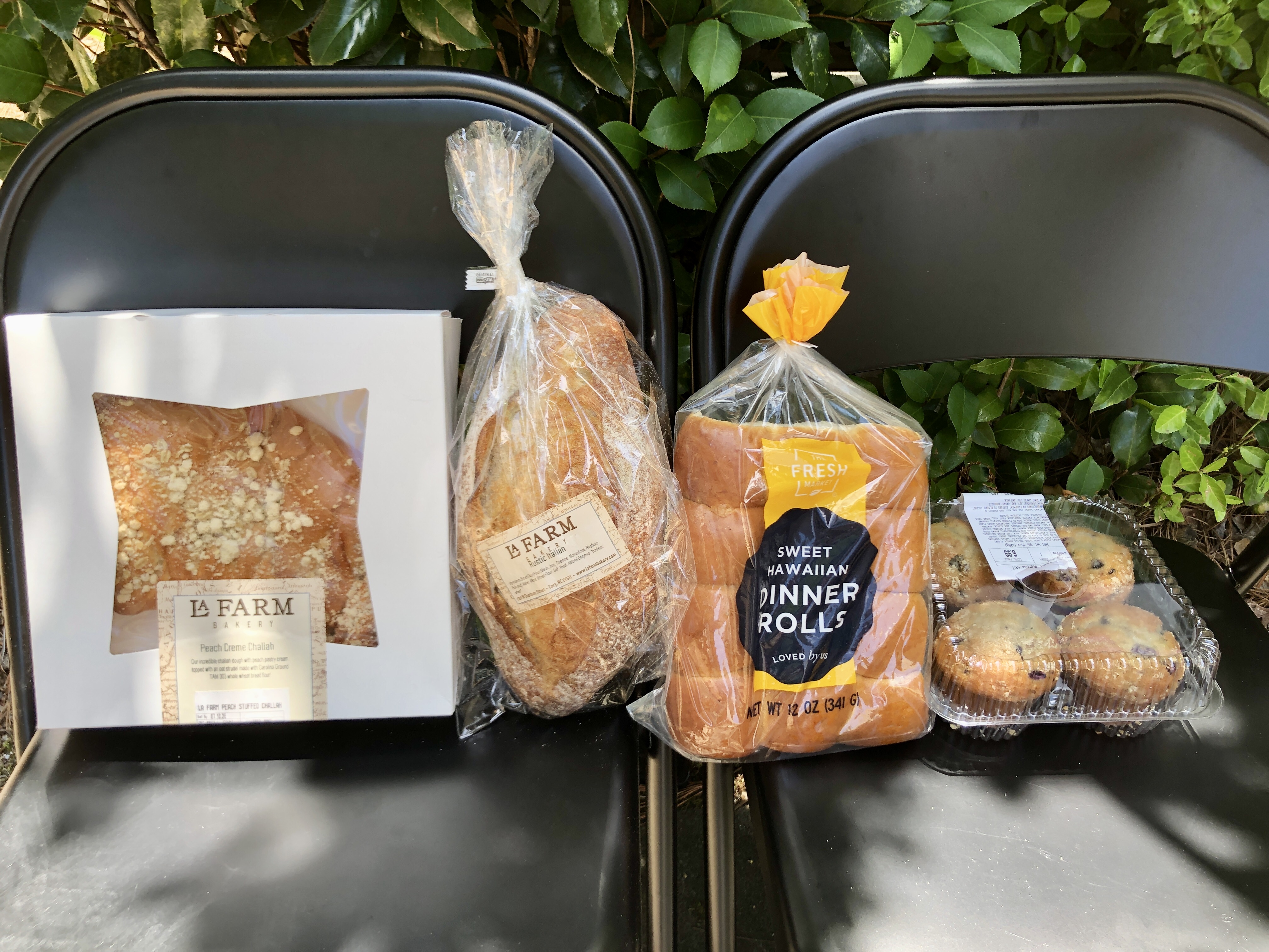 four baked goods on two folding chairs with greenery behind them