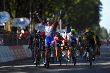 TURIN ITALY AUGUST 05 Arrival Arnaud Demare of France and Team Groupama FDJ Celebration Peter Sagan of Slovakia and Team Bora Hansgrohe Caleb Ewan Australia and Team Lotto Soudal Nacer Bouhanni of France and Team Arkea Samsic Wout Van Aert of Belgium and Team Jumbo Visma Danny Van Poppel of Netherlands and Team Circus Wanty Gobert during the 101st Milano Torino 2020 a 198km race from Mesero to Stupinigi Turin MilanoTorino on August 05 2020 in Stupinigi Turin Italy Photo by Tim de WaeleGetty Images
