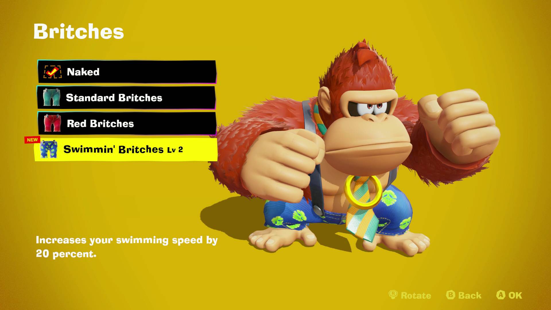 Donkey Kong Bananza changing DK's britches at wardrobe