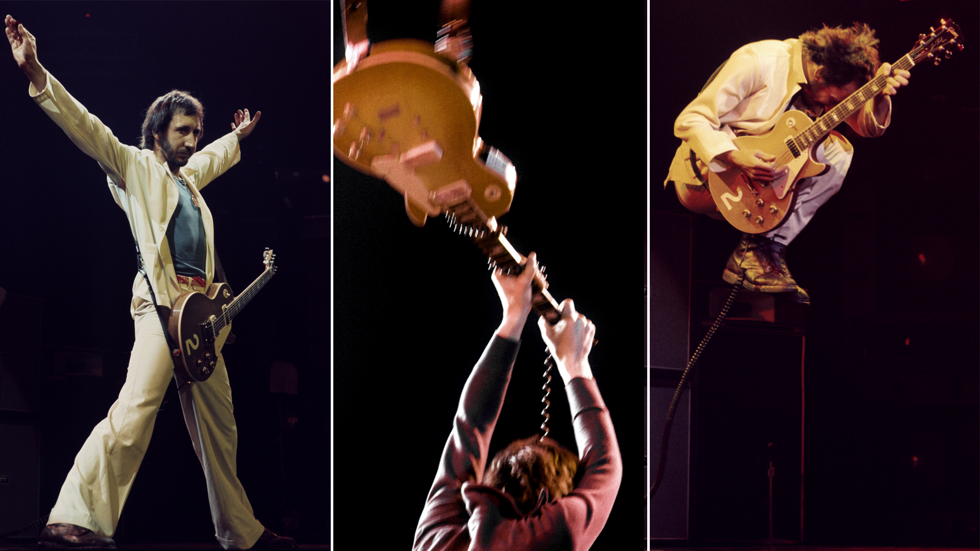 LEFT: Pete Townshend performs with The Who at the Omni Coliseum on November 24, 1975 in Atlanta, Georgia. CENTER: IPete Townshend of the rock band The Who smashes his Gibson Les Paul while performing at the Forum on November 23, 1973 in Inglewood, California. RIGHT: Songwriter-guitarist Pete Townshend performs with The Who at the Omni Coliseum on November 24, 1975 in Atlanta, Georgia.