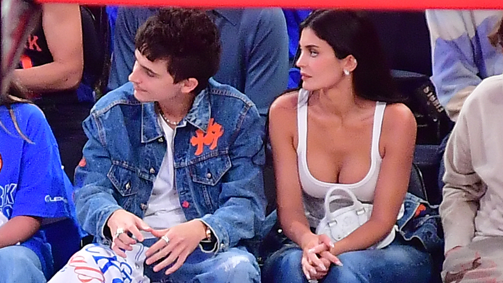 Kylie Jenner and Timoth&eacute;e Chalamet matched in double-denim outfits at the Knicks vs. Spurs Game 4