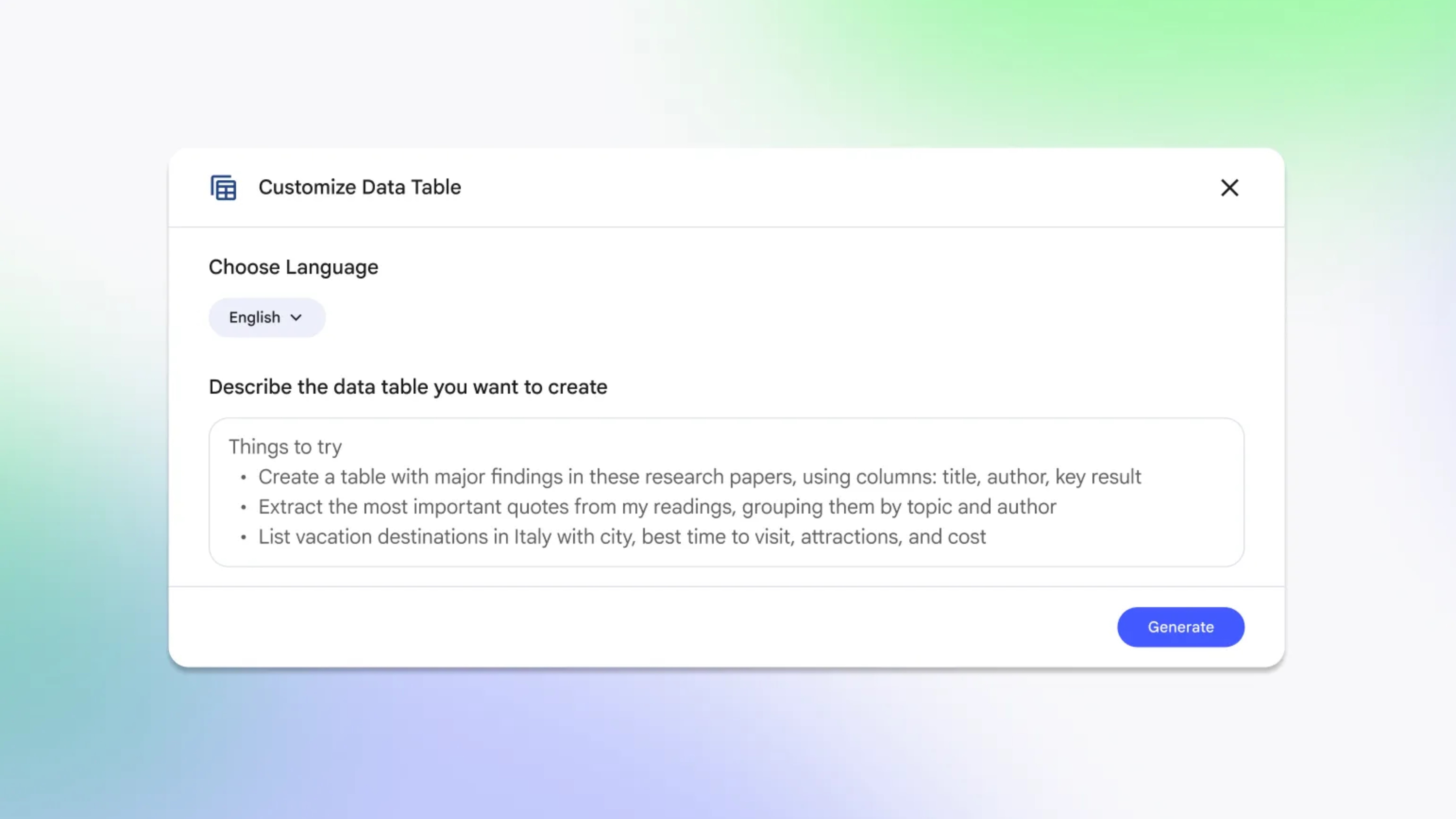 The data tables feature in NotebookLM.
