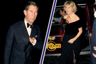Prince Charles arriving at the Ritz in 1995 and split layout with Camilla arriving at the Ritz wearing a copy of Princess Diana's revenge dress