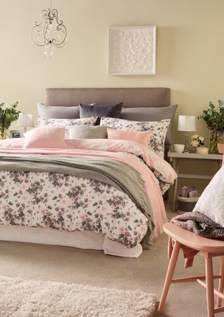 Morrisons classic living bedroom collection with floral bedsheets and pink throws and cushions