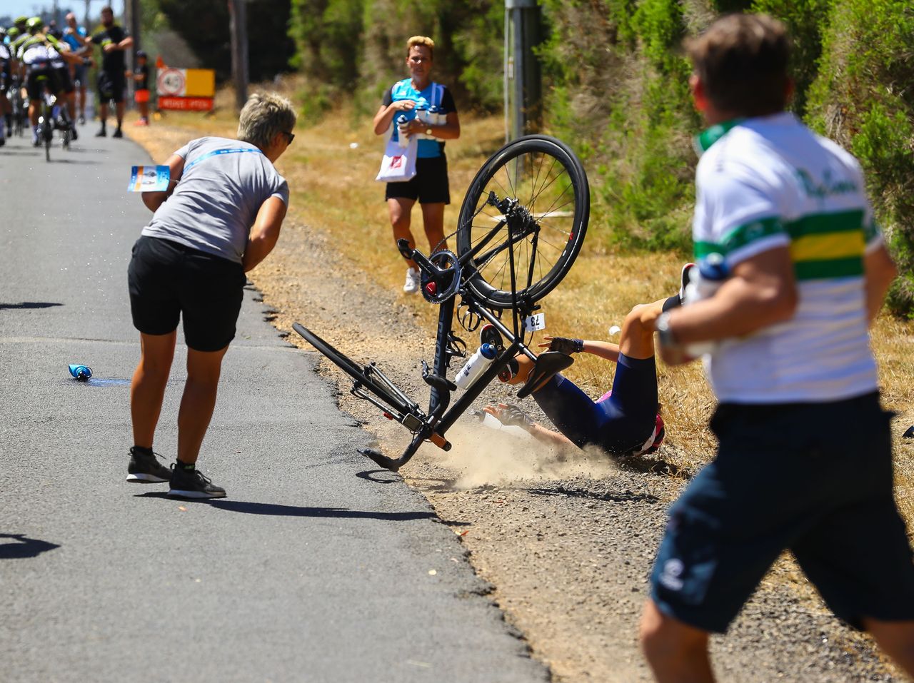 Anna Booth crashes in the feed zone