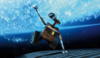 Wall-E hanging onto the Axiom, touching the stars