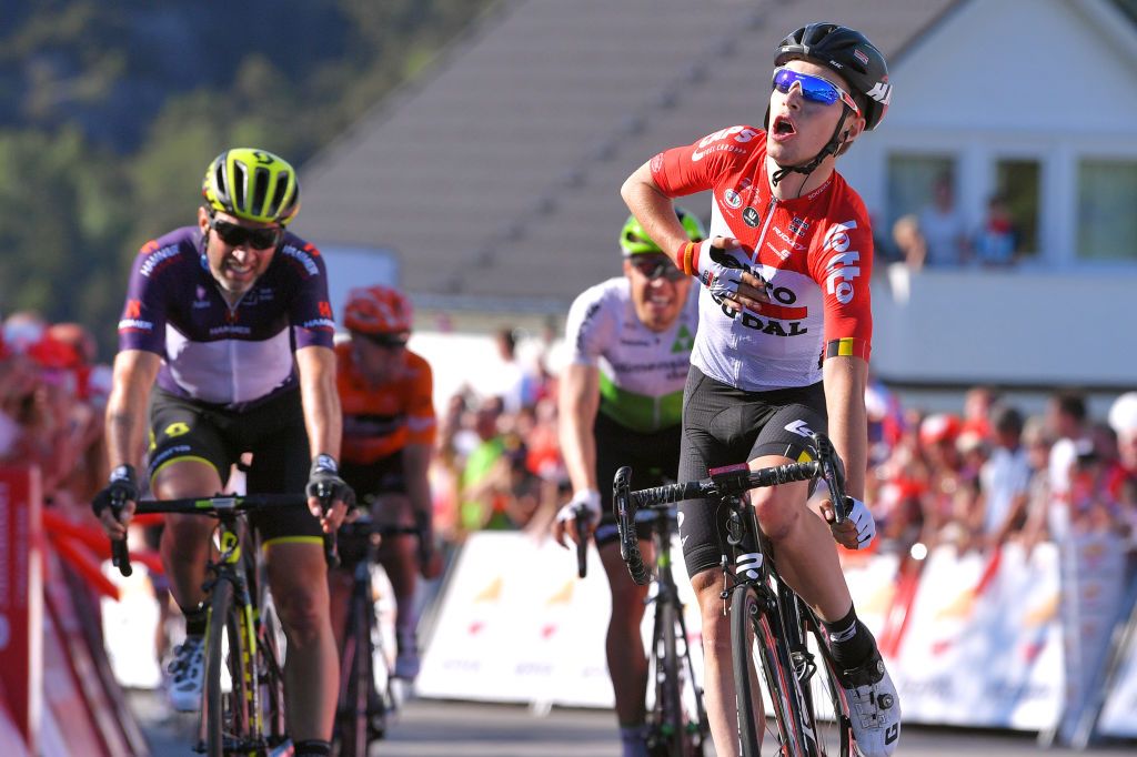 Lotto Soudal&#039;s Bjorg Lambrecht takes what would be his first, and sadly only, professional victory on stage 3 of the 2018 Tour des Fjords in Egersund, Norway