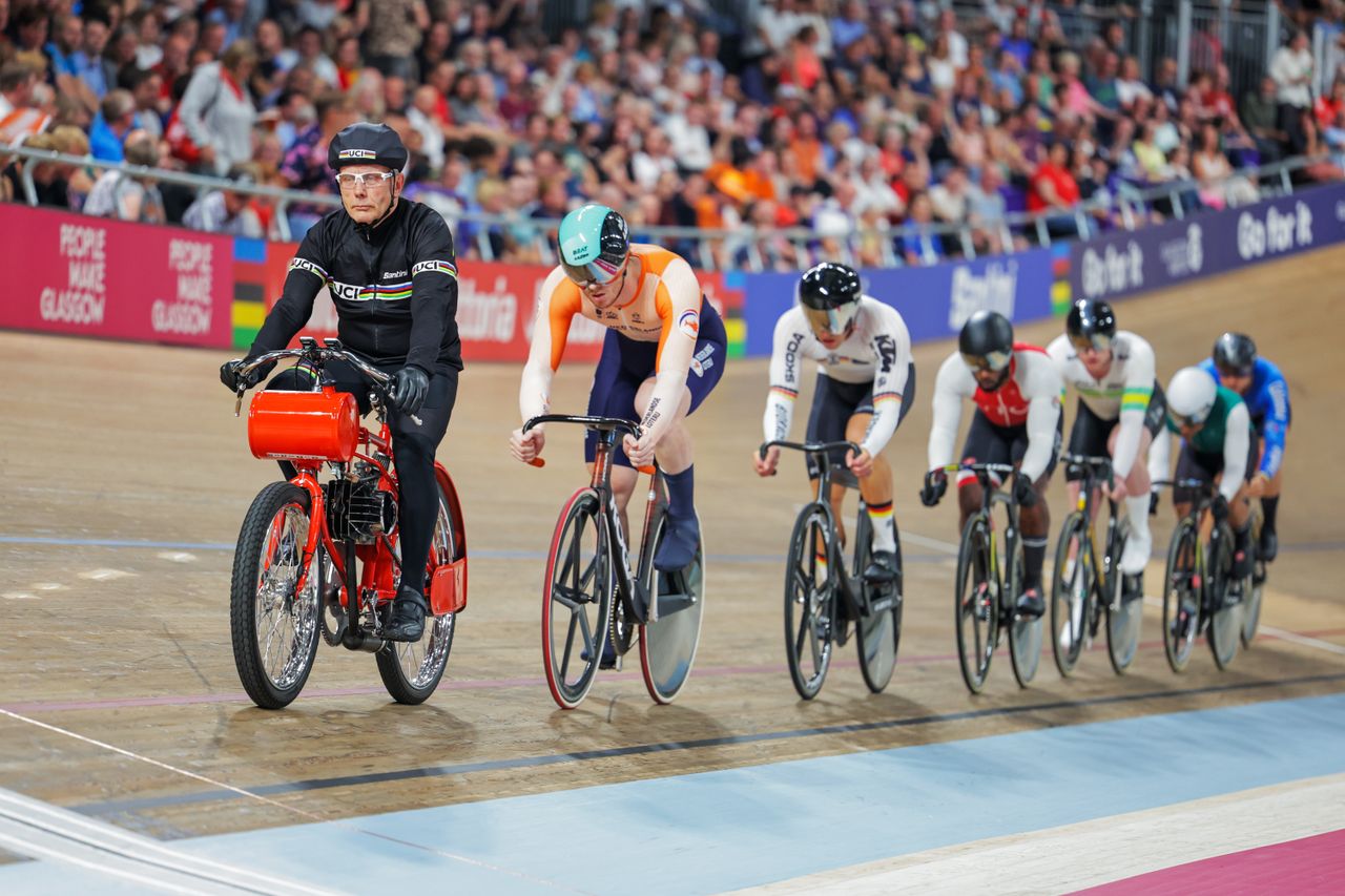 Derny rider leads out a pack of keirin racers at the World Championships in Glasgow