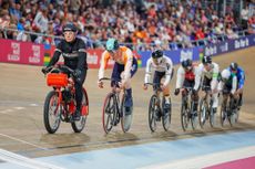 Derny rider leads out a pack of keirin racers at the World Championships in Glasgow
