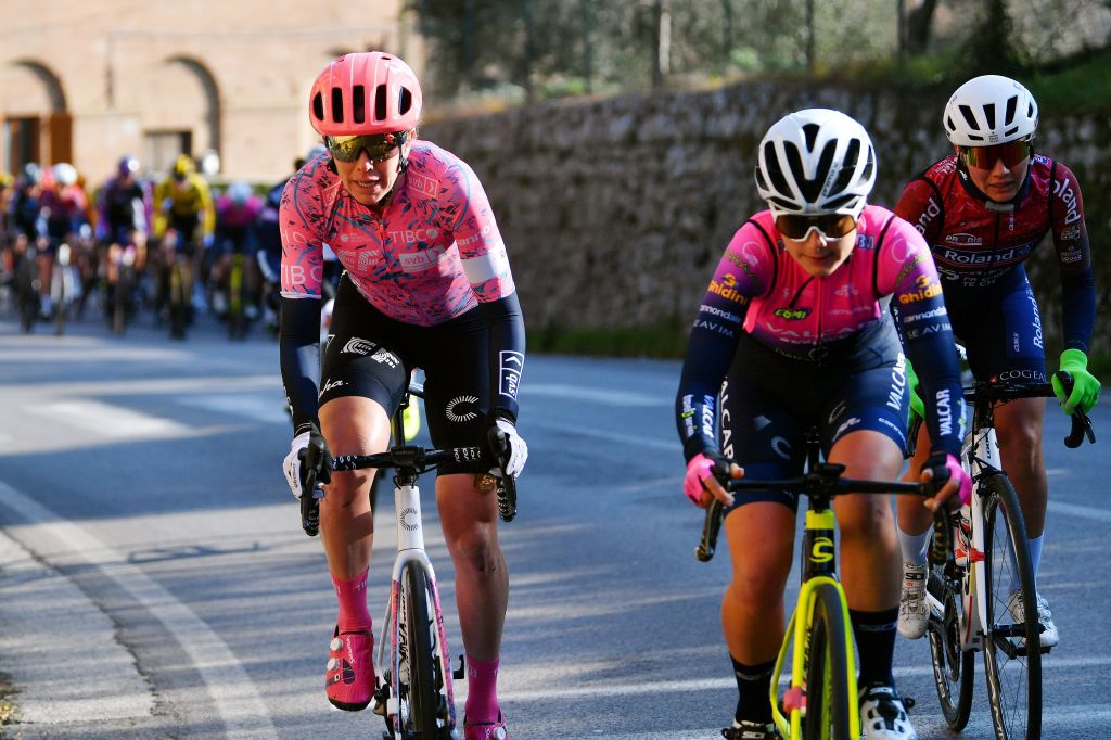 SIENA ITALY MARCH 05 Emily Newsom of United States and Team EF Education Tibco Svb competes in the breakaway during the Eroica 8th Strade Bianche 2022 Womens Elite a 136km one day race from Siena to Siena Piazza del Campo 321m StradeBianche on March 05 2022 in Siena Italy Photo by Luc ClaessenGetty Images
