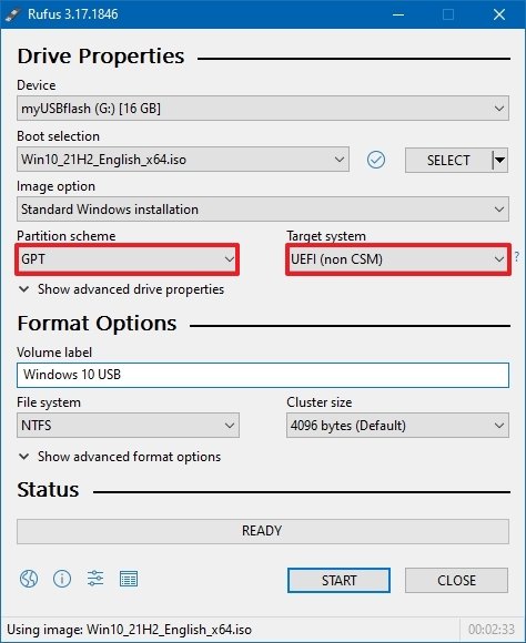 Rufus Windows 10 USB with UEFI settings