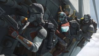 Echo, Hunter, Omega and Wrecker hanging off train in Star Wars: The Bad Batch