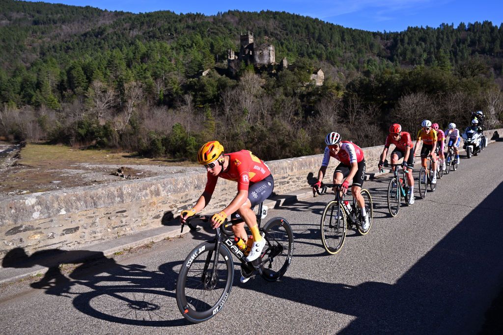 BESSEGES FRANCE FEBRUARY 02 Simon Carr of The United Kingdom and Team EF Education EasyPost Sander De Pestel of Belgium and Decathlon AG2R La Mondiale Team Alexis Gougeard of France and Team Cofidis Thibault Guernalec of France and Team Arkea BB Hotels Jonas Abrahamsen of Norway and Team UnoX Mobility Thomas Gachignard of France and Team TotalEnergies and Theo Delacroix of France and Team St Michel Mavic Auber93 compete in the breakaway passing close to the The Chateau de Brsis during the 54th Etoile de Besseges Tour du Gard Stage 3 a 16111km stage from Besseges to Besseges on February 02 2024 in Besseges France Photo by Luc ClaessenGetty Images