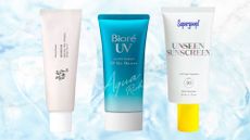 A blue watery backdrop with a collage of three of the best sunscreens for oily skin, by beauty of joseon, biore and supergoop