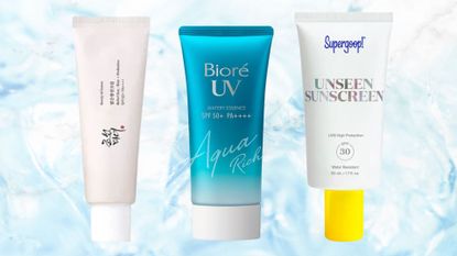 A blue watery backdrop with a collage of three of the best sunscreens for oily skin, by beauty of joseon, biore and supergoop