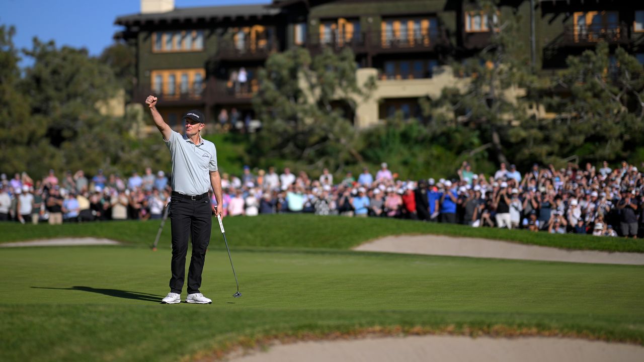 Justin Rose puts his fist into the air after winning the 2026 Farmers Insurance Open