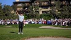 Justin Rose puts his fist into the air after winning the 2026 Farmers Insurance Open