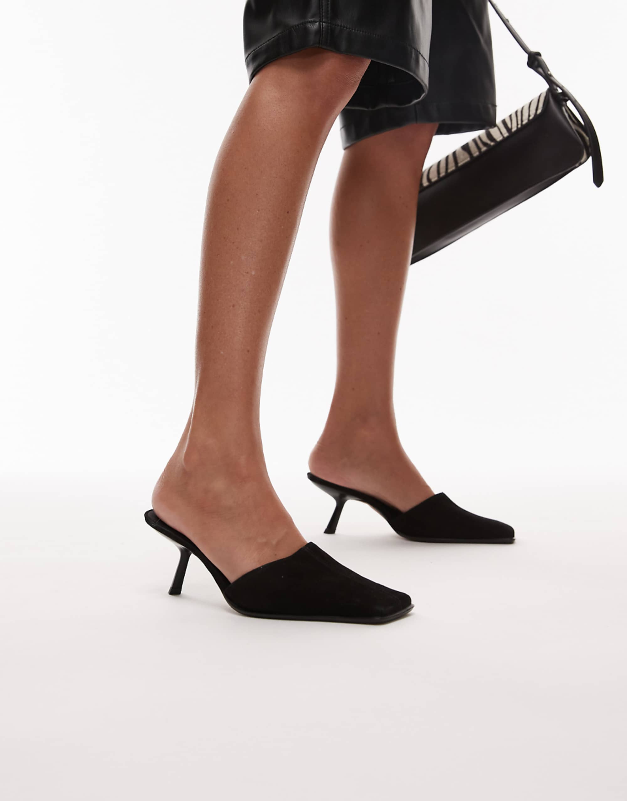Topshop Premium Dante Real Suede Square Toe Heeled Mule in Black