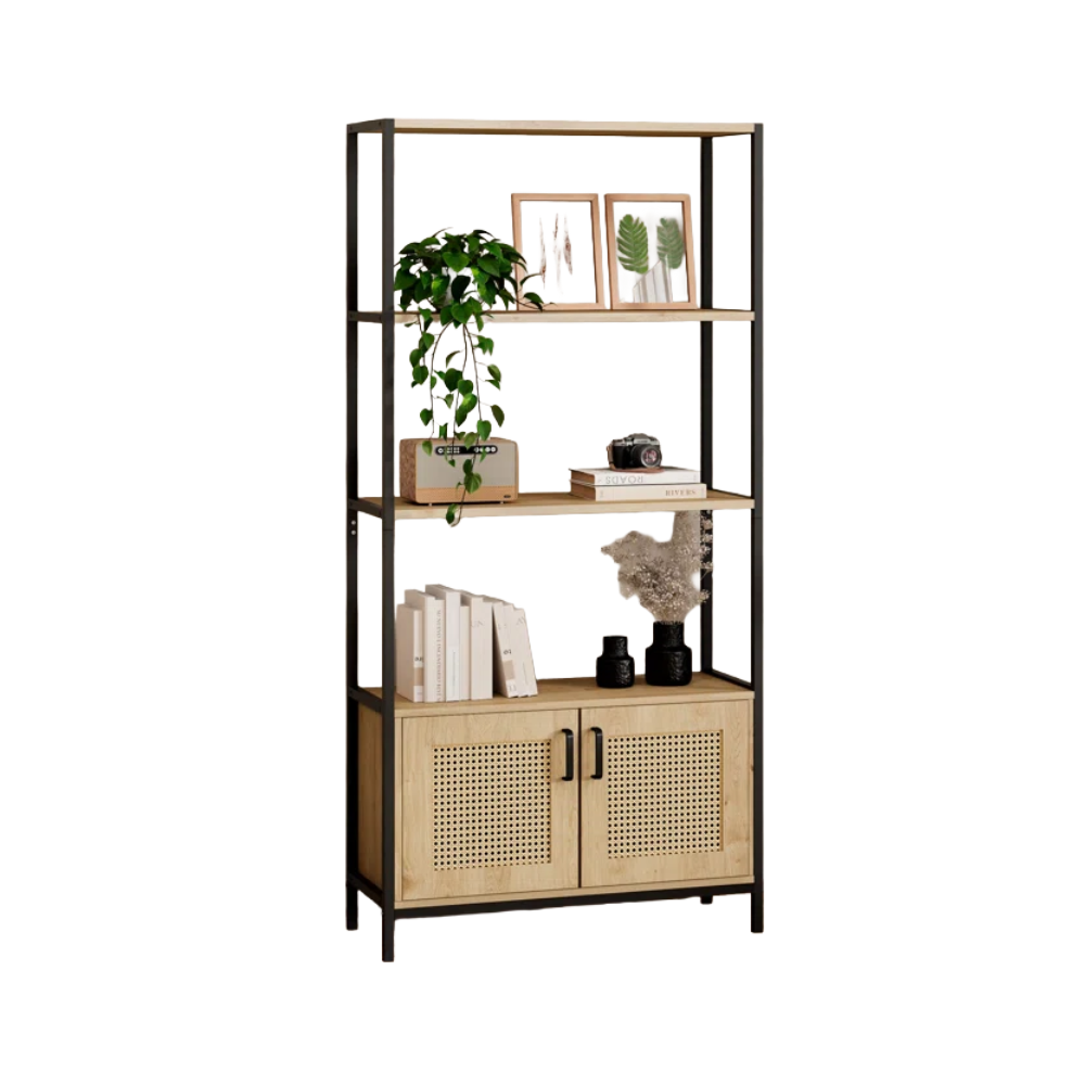 Bookcase with black metal structure, two wooden shelves, and rattan style cupboard at the bottom with two doors