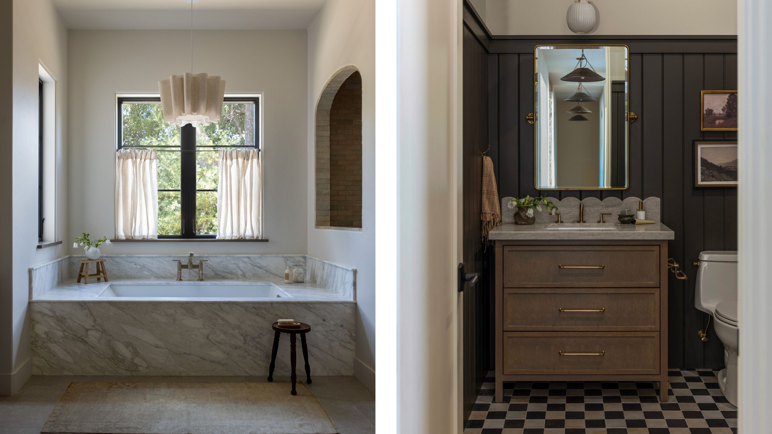 two side by side images of a large neutral primary bath with marble tub, window with cafe curtains and arched niche next to a moodier brown powder bath with checkerboard floor and scalloped vanity