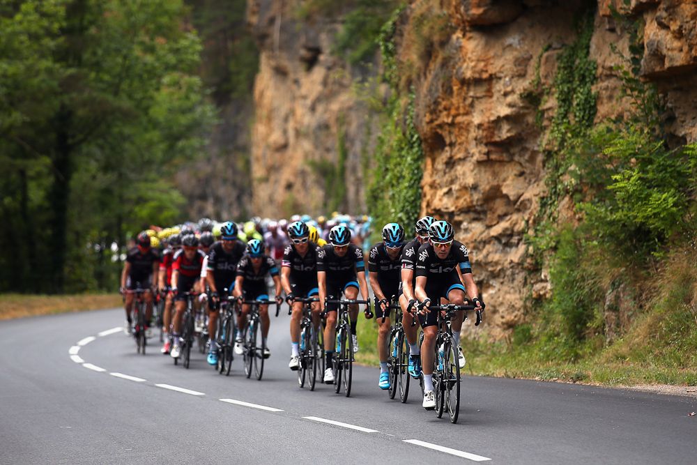 Team Sky control the peloton during stage 14.