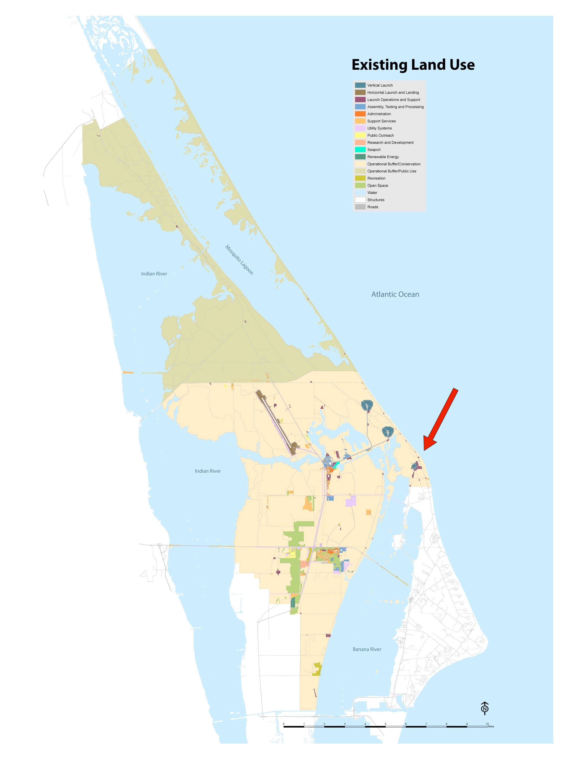 A NASA land use map shows Space Launch Complex-41, indicated by red arrow, as being on Kennedy Space Center property.