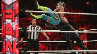 Rey Mysterio attacking Damian Priest at WWE Raw Wrestlemania on March 27, 2023