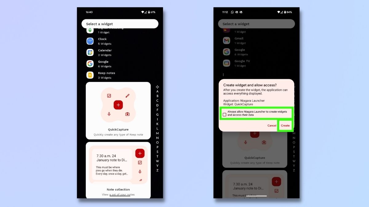 Screenshot showing how to stack widgets on Android using Niagara - select widget