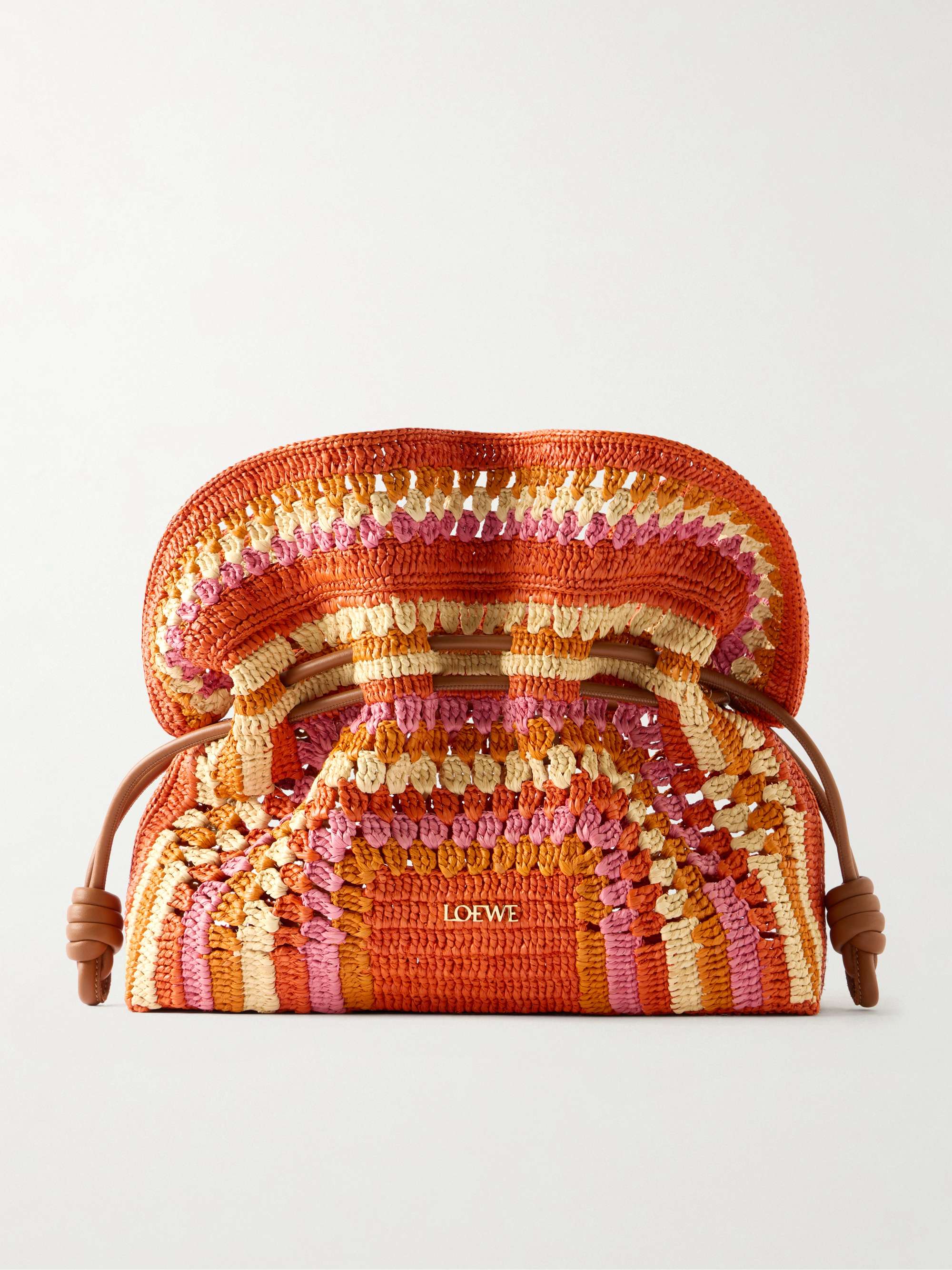 + Paula's Ibiza Flamenco Mini Leather-Trimmed Crocheted Raffia Clutch