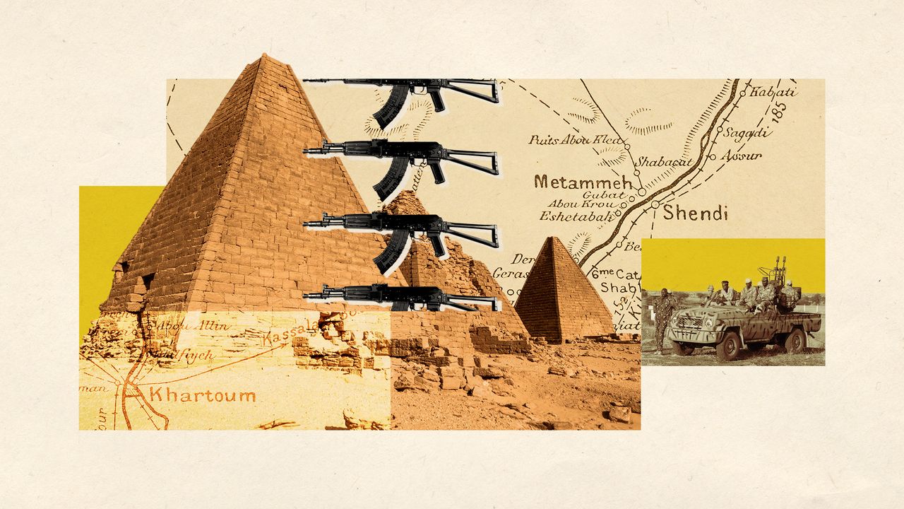 Photo collage of the Sudanese pyramids, RSF militia, and a vintage map of the area where the pyramids are located