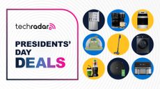 Collage of appliances from the Presidents' Day sales, including a refrigerator, oven, coffee maker, vacuum, washing machine, air fryer, robot vacuum, and blender