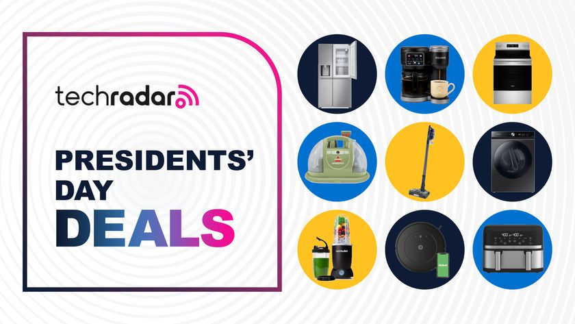 Collage of appliances from the Presidents&#039; Day sales, including a refrigerator, oven, coffee maker, vacuum, washing machine, air fryer, robot vacuum, and blender