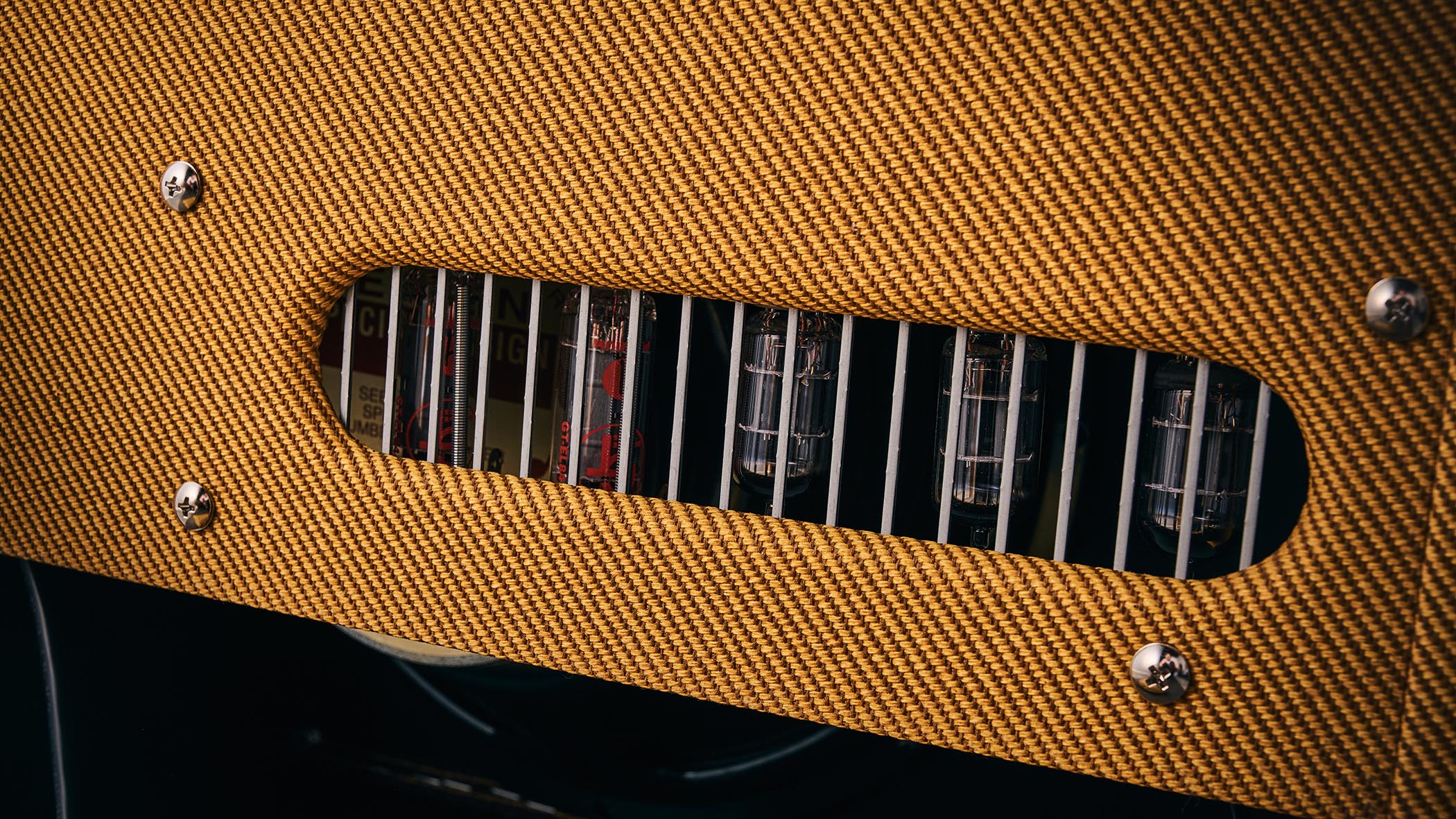 Close-up of the tweed Blues Junior&#039;s tubes.