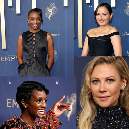 Various actresses at the 2025 Emmys with side part hairstyles