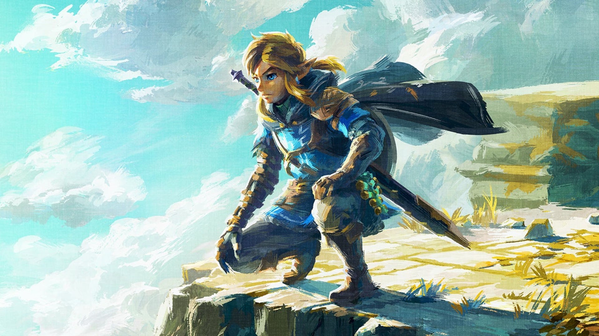 Best new game: Link from Zelda, kneeling on a plateau, looking forward